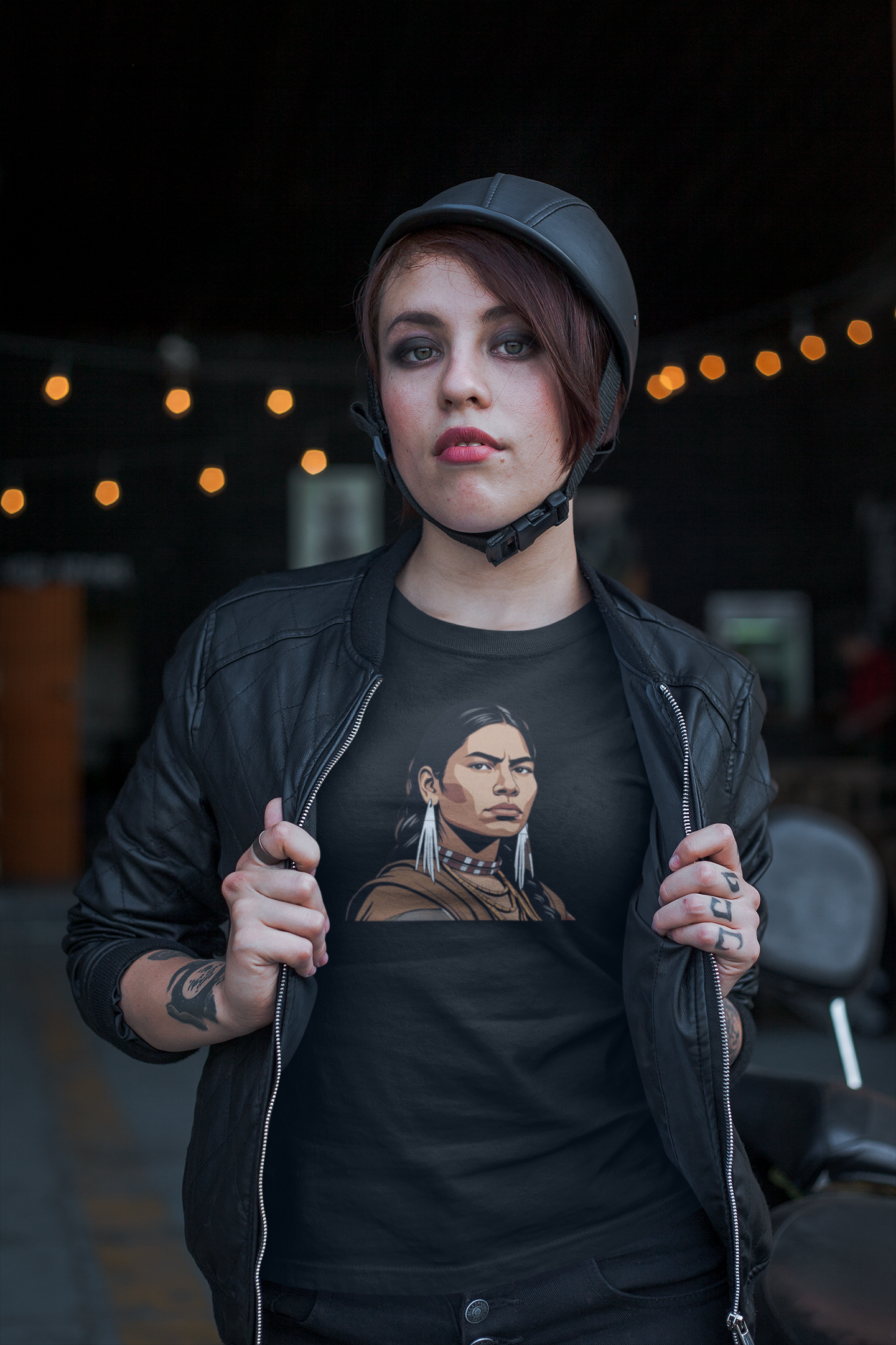 Person wearing a black t-shirt with a graphic design, standing in a dimly lit room with string lights.