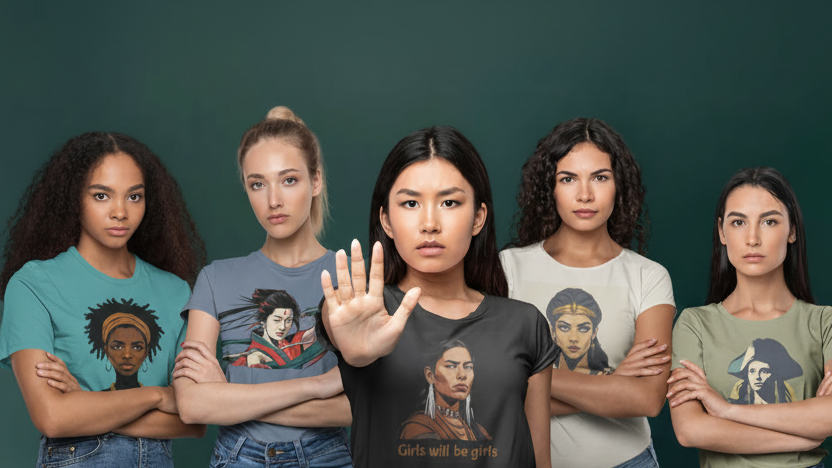 Five young women stand together against a dark green background, each wearing a graphic T-shirt. The central girl holds up her hand in a stop gesture.